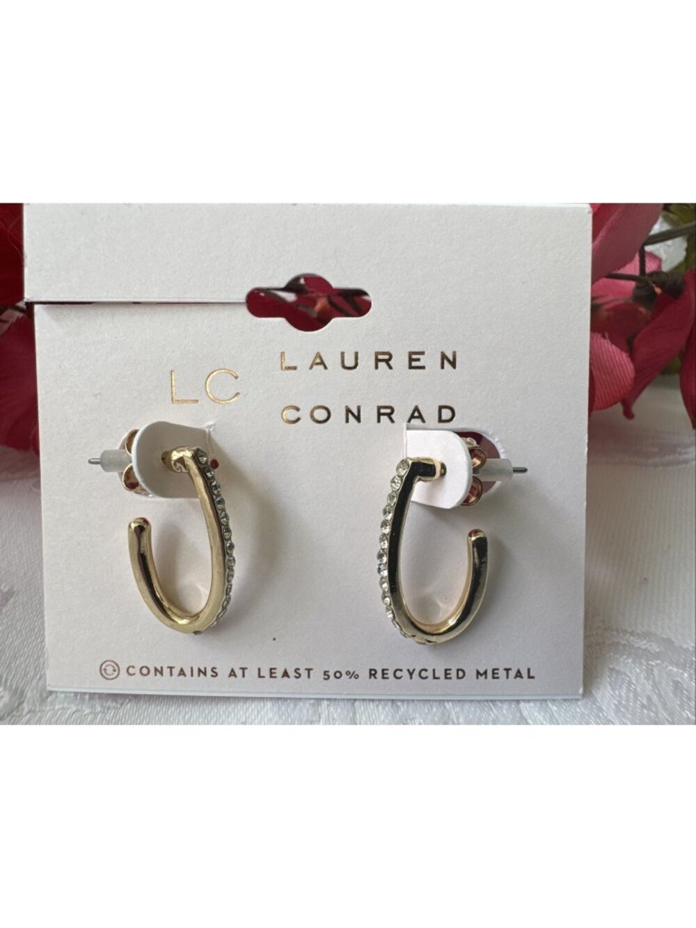 Lauren Conrad Dainty Rhinestone Dangle 1" Hoop Earrings Goldtone Feminine NEW